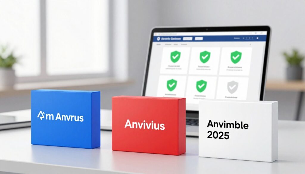 A sleek and modern digital workspace showcasing the top picks for antivirus software in 2025. In the foreground, display three vibrant, labeled software boxes representing the best options, each with unique branding, colors, and a subtle glow indicating their standout features. In the middle ground, include a stylish laptop displaying a security dashboard with green checkmarks and shield icons, symbolizing protection and effectiveness. The background should feature a clean, bright office environment with large windows letting in soft natural light. Use a shallow depth of field to focus on the software boxes and laptop while softly blurring the background. The overall mood is professional and reassuring, evoking a sense of trust and innovation in digital security. A sleek and modern digital workspace showcasing the top picks for antivirus software in 2025. In the foreground, display three vibrant, labeled software boxes representing the best options, each with unique branding, colors, and a subtle glow indicating their standout features. In the middle ground, include a stylish laptop displaying a security dashboard with green checkmarks and shield icons, symbolizing protection and effectiveness. The background should feature a clean, bright office environment with large windows letting in soft natural light. Use a shallow depth of field to focus on the software boxes and laptop while softly blurring the background. The overall mood is professional and reassuring, evoking a sense of trust and innovation in digital security.