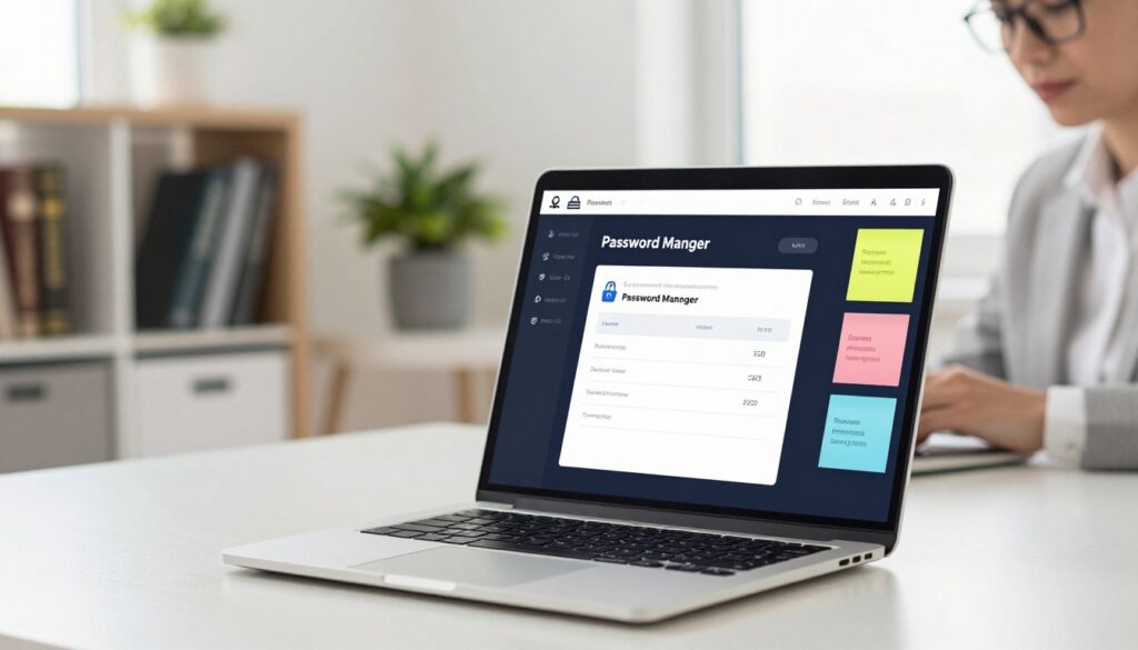 A sleek and modern password manager application displayed on a laptop screen in a well-lit, minimalist workspace. The foreground features the laptop with a vibrant, user-friendly interface showcasing secure password entries surrounded by a few scattered colorful sticky notes with password hints. In the middle, a professional individual dressed in business attire is actively typing, their focused expression conveying diligence in online safety. The background includes soft, blurred elements like bookshelves filled with cybersecurity literature and a potted plant, enhancing the atmosphere of a productive yet calming environment. Bright, natural light floods the scene through a nearby window, creating a warm and inviting mood while maintaining a sharp focus on the password manager.