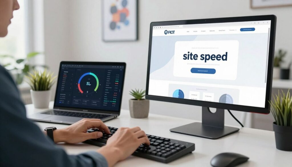 A sleek and modern workspace scene, focused on a computer screen displaying a fast-loading website, symbolizing "site speed". In the foreground, a close-up of a user’s hands typing on a mechanical keyboard, dressed in smart casual attire. The middle ground features a laptop with browser performance metrics and speed test results visible on the screen. In the background, a clean and bright office environment with potted plants and motivational digital art on the walls, creating an atmosphere of productivity and focus. Soft, natural lighting highlighting the workspace, with a slight depth of field to emphasize the foreground elements, enhancing the theme of efficiency and speed.