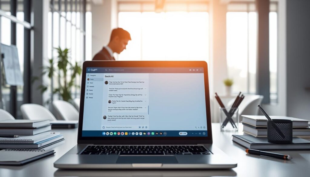 A sleek and modern workspace showcasing the ChatGPT baseline app on a laptop screen, positioned prominently in the foreground. The laptop is open to a user-friendly interface, displaying a chat window filled with engaging prompts and responses. Surrounding the laptop, neatly organized office supplies, such as notepads and pens, reflect a productive environment. In the middle ground, a silhouette of a person in professional business attire, slightly out of focus, is pondering the screen, symbolizing thoughtful interaction with AI. In the background, a bright, well-lit office with large windows allows natural light to flood in, creating an inspiring atmosphere. The overall mood is one of innovation and efficiency, emphasizing the tool's potential for enhancing productivity. A sleek and modern workspace showcasing the ChatGPT baseline app on a laptop screen, positioned prominently in the foreground. The laptop is open to a user-friendly interface, displaying a chat window filled with engaging prompts and responses. Surrounding the laptop, neatly organized office supplies, such as notepads and pens, reflect a productive environment. In the middle ground, a silhouette of a person in professional business attire, slightly out of focus, is pondering the screen, symbolizing thoughtful interaction with AI. In the background, a bright, well-lit office with large windows allows natural light to flood in, creating an inspiring atmosphere. The overall mood is one of innovation and efficiency, emphasizing the tool's potential for enhancing productivity.