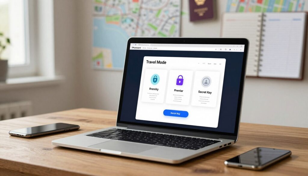 A sleek computer screen displaying the 1Password interface, showcasing its elegant design with prominently featured icons for security, premium features, and a "Secret Key". In the foreground, a modern laptop sits on a stylish wooden desk, with a blurred smartphone nearby. The middle ground highlights a travel-themed backdrop, including maps, a passport, and a travel organizer, emphasizing the "Travel Mode" feature. Soft, natural lighting illuminates the scene from a nearby window, creating a warm and inviting atmosphere. A wide-angle view captures the essence of modern tech connectedness and travel convenience, inviting frequent travelers to consider enhanced online security through 1Password.