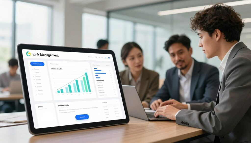 A sleek digital interface showcasing a link management plugin, placed prominently in the foreground with an illustrative view of a user dashboard displaying analytics graphs and cloaked URLs. In the middle ground, a group of diverse professionals in business attire discuss over a laptop, symbolizing collaboration and strategy. The background features a modern office setting with soft, diffused lighting coming from large windows, creating a bright and inviting atmosphere. The camera angle is slightly elevated, capturing the interaction and the details of the plugin interface. The overall mood is innovative and engaging, emphasizing the importance of link management in enhancing click-through rates and building trust in affiliate marketing.