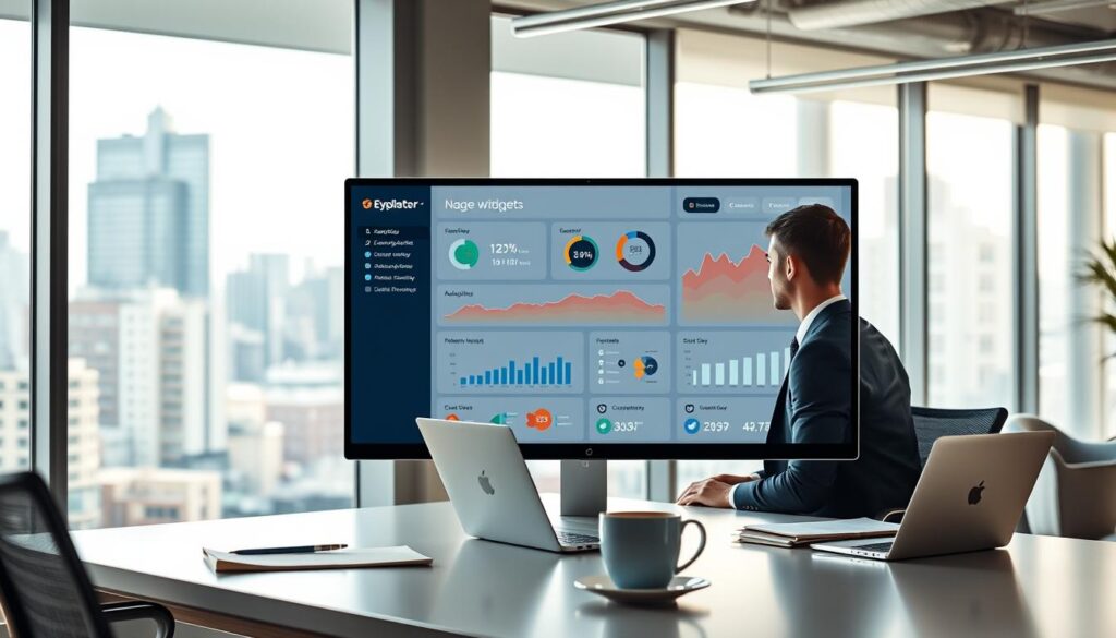 A sleek, modern agency client dashboard displayed on a large computer monitor in an office environment. In the foreground, the monitor shows colorful graphs and analytics with various customizable widgets representing social media engagement metrics. The middle ground features a stylish desk with a laptop, notepads, and a coffee mug, hinting at a productive workspace. The background showcases a well-lit office with large windows revealing a cityscape, giving a sense of professionalism. Soft, natural lighting filters through, creating a warm and inviting atmosphere. A business professional in smart attire can be seen working at the desk, focused on the screen, embodying a sense of efficiency and innovation in social media automation. A sleek, modern agency client dashboard displayed on a large computer monitor in an office environment. In the foreground, the monitor shows colorful graphs and analytics with various customizable widgets representing social media engagement metrics. The middle ground features a stylish desk with a laptop, notepads, and a coffee mug, hinting at a productive workspace. The background showcases a well-lit office with large windows revealing a cityscape, giving a sense of professionalism. Soft, natural lighting filters through, creating a warm and inviting atmosphere. A business professional in smart attire can be seen working at the desk, focused on the screen, embodying a sense of efficiency and innovation in social media automation.