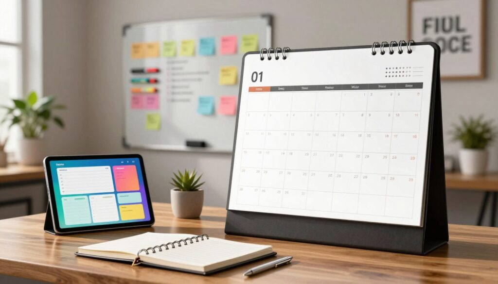 A sleek, modern calendar displayed on a polished wooden desk, showcasing a blend of digital and traditional scheduling tools. In the foreground, a tablet with vibrant digital scheduling apps open, beside a high-quality planner with neatly written notes. The middle layer features a wall-mounted whiteboard filled with colorful sticky notes and markers, illustrating tasks and priorities for productivity. In the background, a softly lit office space with potted plants and a motivational quote framed on the wall, creating an inspiring atmosphere. The lighting is warm and inviting, casting gentle shadows that enhance focus on the calendar's details. The overall mood exudes efficiency and organization, perfect for a workspace dedicated to managing time effectively.