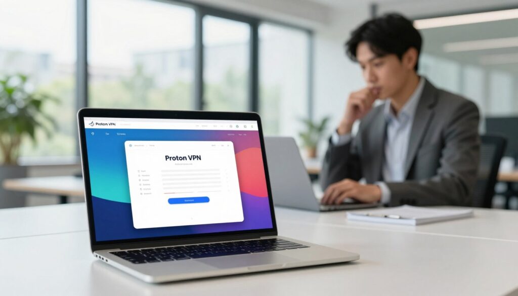 A sleek, modern digital workspace showcasing Proton VPN. In the foreground, a stylish laptop displaying the Proton VPN interface with vibrant colors and intuitive design. The middle layer features a professional, focused individual in business attire, casually using the laptop, with a thoughtful expression. In the background, a soft-focus view of a contemporary office with large windows and greenery outside, allowing natural light to pour in, creating a bright and inviting atmosphere. The scene conveys a sense of security, privacy, and professionalism, emphasizing the versatility of Proton VPN. Use a wide-angle lens for an immersive effect, highlighting the digital and real-world connectivity. Soft lighting enhances the mood of reliability and trust. The overall composition should be clean and modern, perfect for an in-depth review.