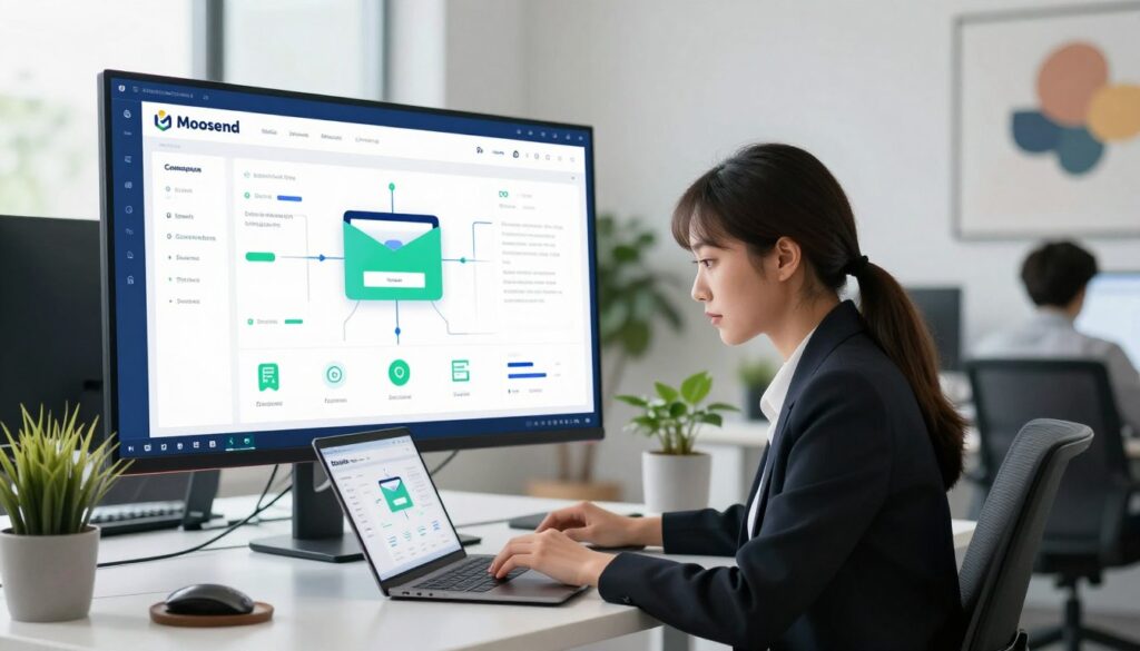 A sleek, modern office workspace with a digital dashboard displaying Moosend's email marketing automation features. In the foreground, a professional young woman in business attire is analyzing data on her laptop, her expression focused and engaged. The middle ground showcases a large monitor with colorful graphs, flowcharts, and icons representing email campaigns and automation processes. Soft blue and green hues illuminate the scene, creating a fresh and innovative atmosphere. In the background, a minimalistic design with potted plants and abstract art adds to the vibrant, tech-savvy environment. The lighting is bright and inviting, suggesting a productive day at work. A wide-angle lens captures the essence of a modern small business, emphasizing collaboration and efficiency in email marketing.