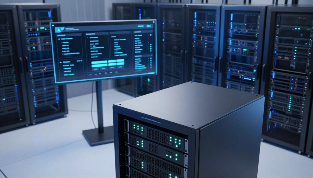 A sleek, modern server room showcasing the "speed stack LiteSpeed NVMe Cloudflare Enterprise" setup. In the foreground, a polished, high-tech server rack with blinking LED indicators, symbolizing advanced performance and speed. The middle ground features a transparent display screen illustrating data analytics, showcasing conversion metrics and hosting performance. The background contains rows of futuristic servers with a blue color scheme, highlighting their cutting-edge technology. Soft, cool lighting bathes the scene to convey a professional yet dynamic atmosphere. The angle is slightly elevated, providing a comprehensive view of the technical setup. This environment emphasizes innovation and reliability, perfect for illustrating high-performing web hosting solutions.