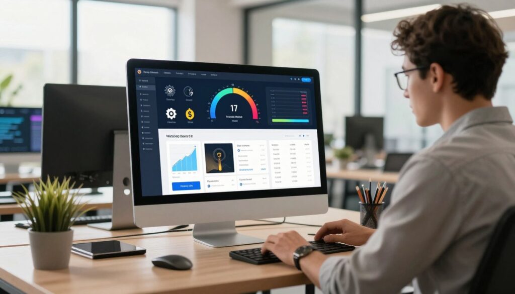 A sleek, modern workspace dominated by a high-performance computer displaying an analytics dashboard tracking website speed. In the foreground, a professional in smart casual attire is focused on the screen, optimizing images and hosting settings. The middle layer features vibrant graphs and speed meters, symbolizing fast loading times, surrounded by icons representing various affiliate marketing tools like gear and dollar signs. The background showcases a bright, airy office with large windows, allowing warm natural light to filter in, enhancing a sense of productivity and efficiency. The atmosphere is energetic yet organized, emphasizing the importance of speed and functionality in digital marketing.