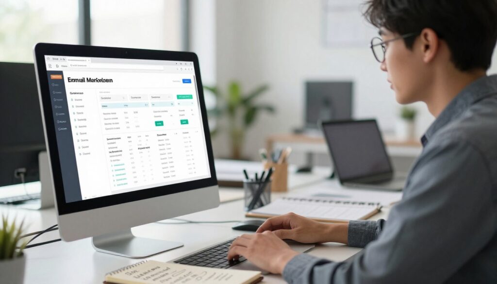 A sleek, modern workspace exhibiting email marketing automation features. In the foreground, a computer screen displays a user-friendly dashboard with automated campaign metrics and analytics. Beside it, a notebook with hand-written notes about marketing strategies is partially open. In the middle ground, a professional individual in smart casual clothing, focusing on the screen, showcases a sense of productivity and engagement. The background features a bright, airy office space with large windows letting in natural light, casting soft shadows. The overall atmosphere should feel dynamic and efficient, reflecting the theme of automation, time-saving, and revenue-driving tools in a contemporary business environment. The composition should be shot at eye level with a shallow depth of field, emphasizing the subject while softly blurring the background details.