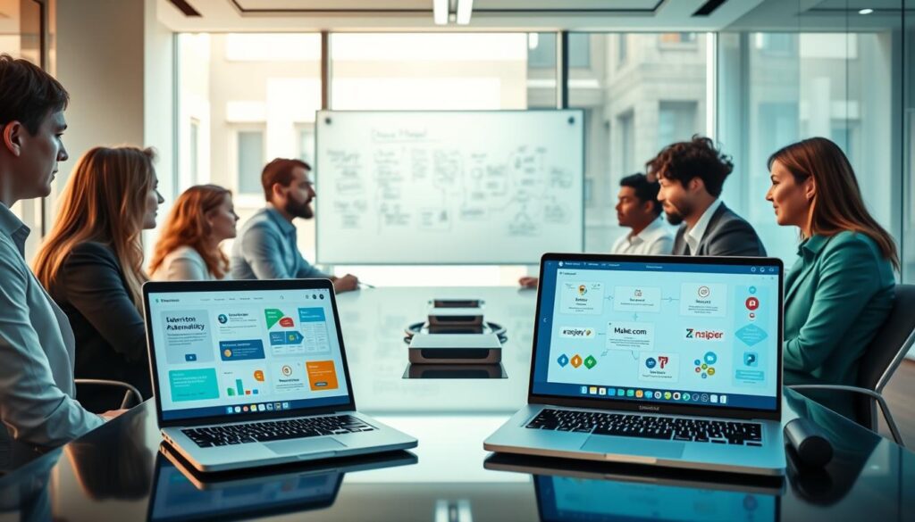 A sleek, modern workspace featuring a diverse group of professionals collaborating around a high-tech conference table. In the foreground, a laptop displays automation platforms like Make.com, Zapier, and n8n on its screen, with colorful flowcharts and icons showcasing automation processes. The middle ground features a glass whiteboard filled with strategy notes and diagrams, while a large window in the background allows natural light to flood the room, creating a bright and inspiring atmosphere. Soft, diffused lighting enhances the professionalism, and the overall color palette is vibrant yet balanced, combining blues and greens for a sense of innovation. The setting conveys a mood of productivity and collaboration, emphasizing the potential of automation for real client value, without any text or brand logos.