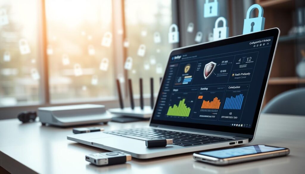 A sleek, modern workspace featuring essential cybersecurity tools and features. In the foreground, a sophisticated laptop screen displaying a user-friendly cybersecurity dashboard with graphs, alerts, and shield icons representing protection. In the middle, a desk with various security devices like a firewall router, USB security keys, and multi-factor authentication apps on a smartphone. The background showcases a softly lit digital security environment, with abstract visuals of data flowing and lock icons floating in the air, representing safety and vigilance. The lighting is bright yet subdued, creating a professional atmosphere. Angle the view slightly from above to emphasize the tools and their functionality, inviting viewers to engage with the concept of digital safety.