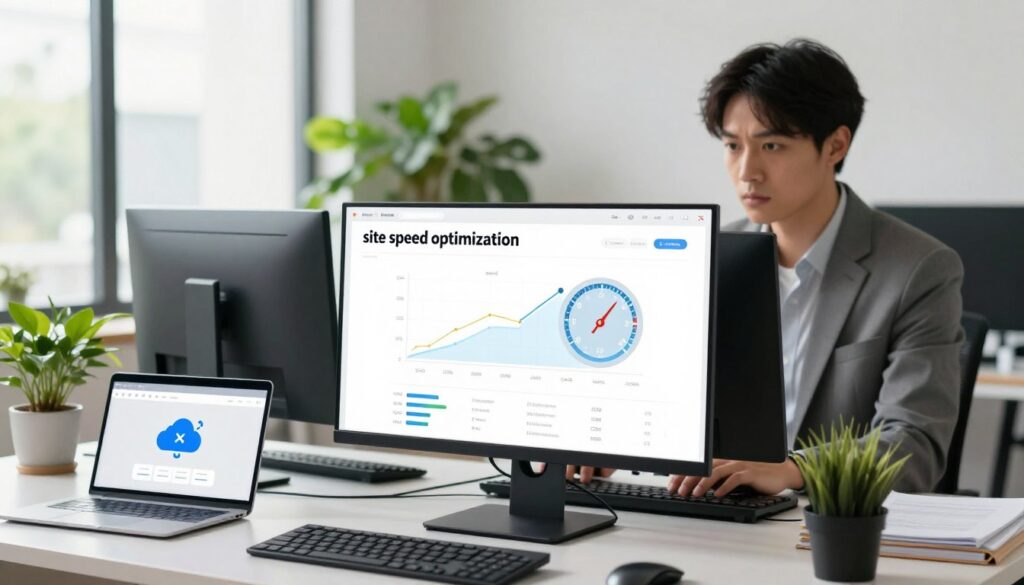 A sleek, modern workspace illustrating "site speed optimization" as the central theme. In the foreground, a high-tech computer monitor displays analytics and graphs representing website performance metrics, with a focus on speed. Visible next to the monitor are various optimization tools, such as a speedometer and cloud icons, symbolizing hosting solutions. The middle ground features a professional in business attire, analyzing the data intently, reflecting a sense of urgency and focus. The background showcases a minimalist office design with vibrant plants and soft, natural light streaming through large windows, creating a fresh, efficient atmosphere. Capture the mood of innovation and productivity with a sharp focus and a slightly elevated angle, enhancing the sense of importance of site speed in the digital marketing landscape.