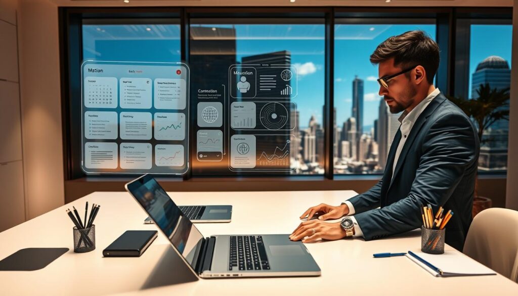 A sleek, modern workspace representing the "Motion" productivity app. In the foreground, a person in professional attire is engaged with a floating holographic interface displaying various app features like task lists, calendars, and analytics, illuminated by soft, ambient lighting. The middle layer features a stylish desk with a high-tech laptop and stationery items organized neatly, exuding efficiency. In the background, a large panoramic window reveals a cityscape with tall buildings under a bright blue sky, emphasizing a sense of ambition and productivity. The scene is warm and inviting, with a harmonious blend of colors, suggesting a productive yet relaxed atmosphere. The camera angle is slightly from above, capturing the workspace's arrangement and the user’s focused expressions.