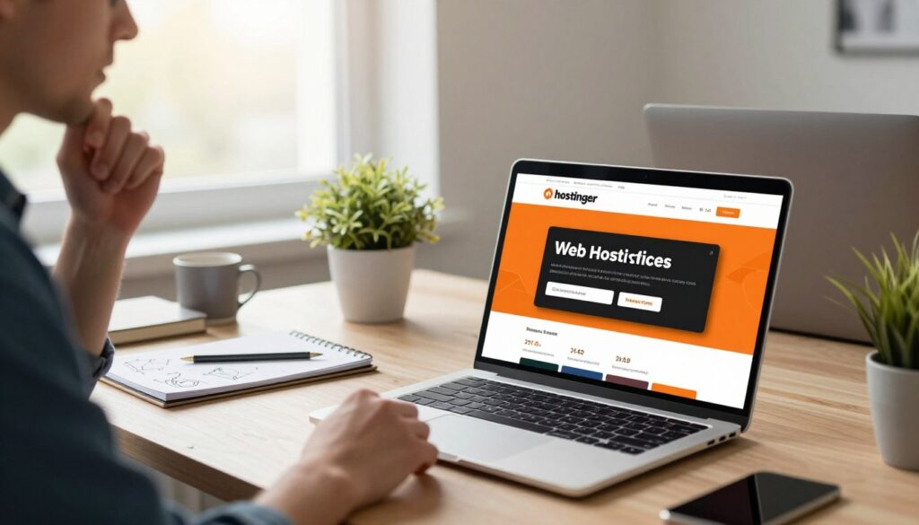 A sleek, modern workspace showcasing Hostinger web hosting services. In the foreground, a laptop displays the vibrant Hostinger website interface with its signature orange and black color scheme. To the left, a professional in smart casual attire is engaged in deep thought, brainstorming website ideas, while a notepad filled with sketches is nearby. The middle ground features a stylish desk with a potted plant and a coffee mug, emphasizing a creative environment. In the background, a bright window lets in natural light, illuminating the space with a warm glow and promoting a productive atmosphere. The overall ambiance is inspiring and focused, perfect for beginners and bloggers looking for reliable hosting solutions. A sleek, modern workspace showcasing Hostinger web hosting services. In the foreground, a laptop displays the vibrant Hostinger website interface with its signature orange and black color scheme. To the left, a professional in smart casual attire is engaged in deep thought, brainstorming website ideas, while a notepad filled with sketches is nearby. The middle ground features a stylish desk with a potted plant and a coffee mug, emphasizing a creative environment. In the background, a bright window lets in natural light, illuminating the space with a warm glow and promoting a productive atmosphere. The overall ambiance is inspiring and focused, perfect for beginners and bloggers looking for reliable hosting solutions.