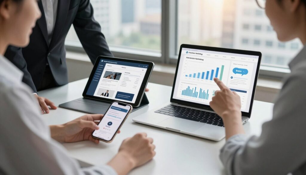A sleek, modern workspace with a laptop open on a stylish desk, displaying graphs and charts representing affiliate marketing metrics. In the foreground, a confident individual in business attire is engaged in discussion with another person, pointing at the screen to illustrate a strategy. The middle of the scene showcases various digital devices like tablets and smartphones, each showing different affiliate marketing platforms or product displays. The background features a large window with natural light streaming in, highlighting a city skyline, creating an atmosphere of ambition and professionalism. A subtle, warm tone enhances the mood of optimism and productivity, encouraging a sense of exploration in online earning opportunities.