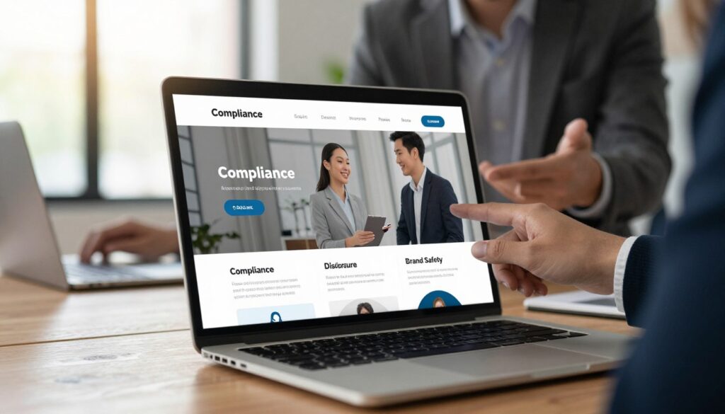 A sleek website interface design focused on compliance and brand safety, displayed on a modern laptop set on a wooden desk. The foreground features a close-up of the laptop screen, showcasing an organized layout with clear sections titled "Compliance," "Disclosure," and "Brand Safety." The middle layer includes business professionals in smart attire, engaged in discussion, some pointing at the screen, exuding a collaborative atmosphere. The background displays softly blurred elements of an office environment with large windows allowing warm natural light to filter in, creating an inviting ambiance. The overall mood is professional and focused, emphasizing the importance of compliance in digital marketing. A sleek website interface design focused on compliance and brand safety, displayed on a modern laptop set on a wooden desk. The foreground features a close-up of the laptop screen, showcasing an organized layout with clear sections titled "Compliance," "Disclosure," and "Brand Safety." The middle layer includes business professionals in smart attire, engaged in discussion, some pointing at the screen, exuding a collaborative atmosphere. The background displays softly blurred elements of an office environment with large windows allowing warm natural light to filter in, creating an inviting ambiance. The overall mood is professional and focused, emphasizing the importance of compliance in digital marketing.