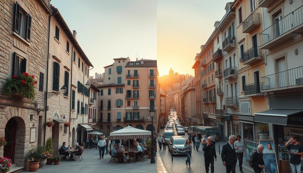 A split-scene image contrasting the cost of living in a small Italian town versus a big city. In the foreground, depict a cozy small town square with quaint stone buildings, colorful flower boxes, and locals chatting over coffee at a rustic café, capturing a sense of community and tranquility. The middle ground showcases apartment buildings typical of a bustling Italian city, with vibrant street life, busy pedestrians, and public transportation. In the background, soft golden light of a sunset bathes the city skyline, enhancing the urban atmosphere. Use a wide-angle lens to include both environments, conveying a sense of warmth in the town and energy in the city, reflecting the differences in lifestyle and costs. Aim for a serene yet dynamic mood.