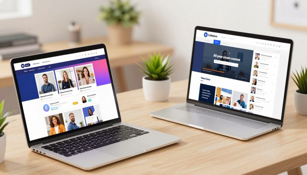 A split-screen illustration contrasting an all-in-one online course platform on the left and a standalone course platform on the right. In the foreground, feature a sleek laptop with vibrant, interactive course content displayed on the all-in-one side, showcasing various learning tools like videos, quizzes, and community forums. On the standalone side, depict a more minimalist setup with a single course page, highlighting a video player and PDF resources. In the middle background, include a calm, professional workspace with soft lighting, a tidy desk, and potted plants, creating a productive atmosphere. Use a slightly elevated angle to give depth, maintaining a modern and approachable feel, ideal for creators and coaches exploring their platform options.