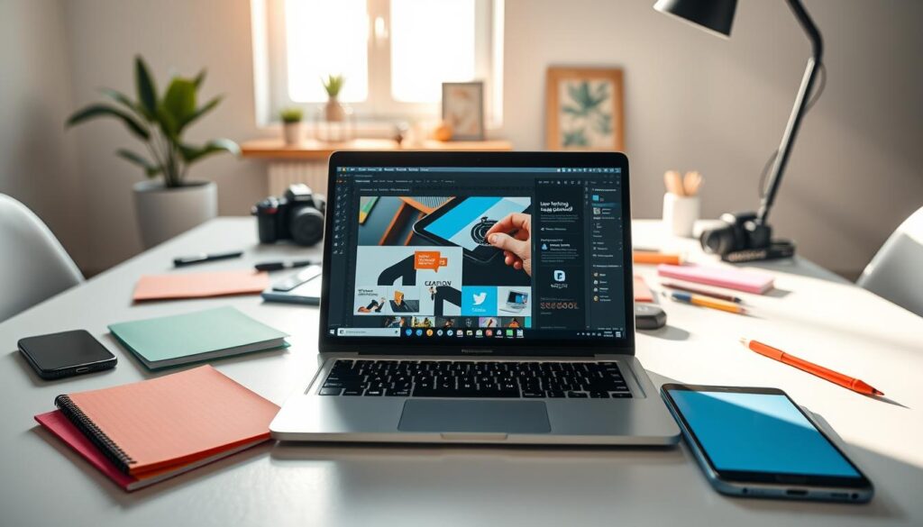 A stylish workspace reflecting modern content creation tools for non-designers. In the foreground, a sleek laptop displaying a user-friendly graphic design software interface, surrounded by colorful notepads and a digital tablet. In the middle, a minimalist desk adorned with tools like a smartphone, a camera, and various writing utensils. The background features a bright window letting in natural light, casting a warm glow over the scene. The atmosphere is inspiring and inviting, with soft shadows enhancing the focus on the tools. The setting is professional and creative, ideal for beginners looking to produce high-quality content. The image captures a harmonious blend of technology and creativity, emphasizing accessibility for all users.