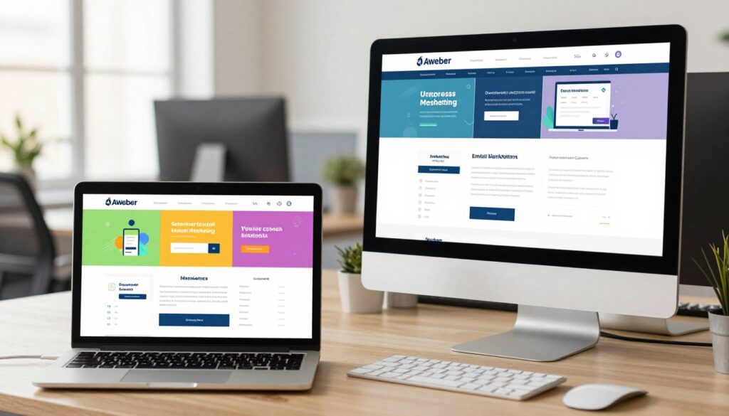 A variety of AWeber email templates displayed on multiple computer screens in a modern office environment. The foreground features a sleek laptop open with a colorful template showcasing vivid graphics and text blocks, ideal for small businesses. In the middle, a stylish desktop monitor displays a grid of various email designs, highlighting the diversity in layouts and styles offered by AWeber. The background is softly blurred, revealing a bright and tidy office space with natural light pouring in through a window, creating a warm and inviting atmosphere. The lighting is bright and even, enhancing the colors of the templates. The mood is professional yet creative, reflecting the essence of effective email marketing tools.