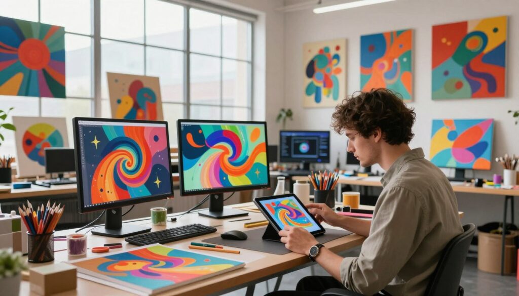 A vibrant and dynamic AI-generated art studio setting, showcasing a diverse range of colorful digital artworks displayed on canvases and screens. In the foreground, a well-dressed, focused artist examines a stunning piece on their tablet, surrounded by abstract designs swirling in bright colors. The middle ground features various art supplies and tools, symbolizing creativity and innovation. In the background, large windows allow soft, natural light to flood the space, illuminating the imaginative pieces and casting gentle shadows. The atmosphere is energetic yet serene, reflecting the fusion of technology and artistry in a modern workspace, inviting viewers to explore the potential of AI in art.