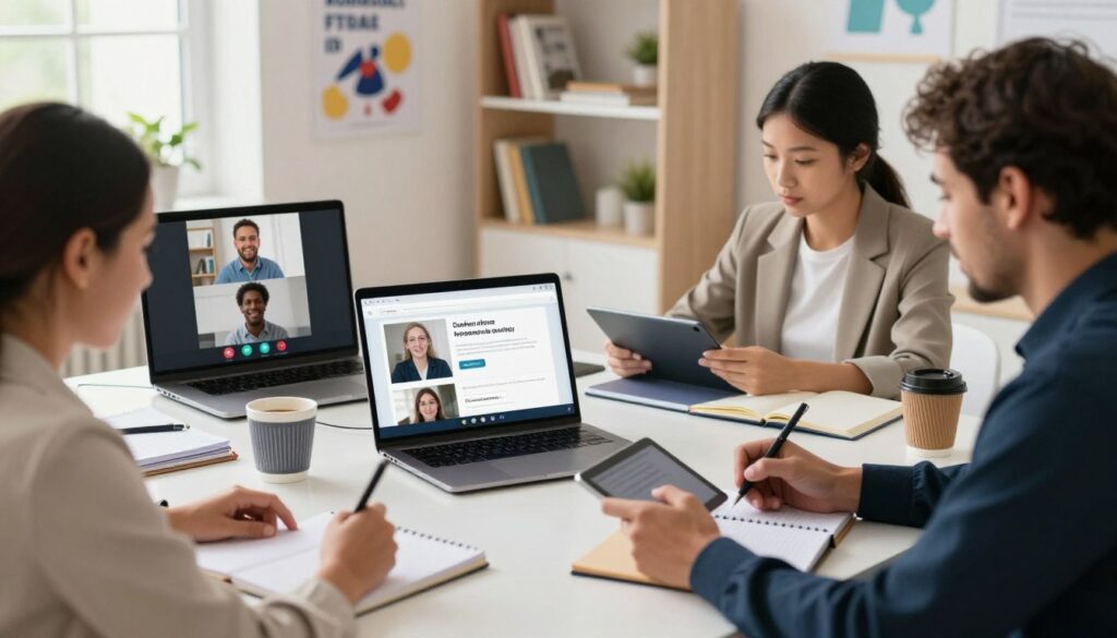 A vibrant and modern online learning environment showcasing a laptop displaying an engaging online course interface. In the foreground, a diverse group of three adult learners, dressed in professional business attire, are focused on the screen, taking notes on digital tablets. The middle ground features a sleek desk cluttered with educational materials, notebooks, and a stylish coffee cup, while video conferencing software is open with friendly faces visible. The background presents a bright, airy room with shelves filled with books and motivational posters about education. Soft, natural lighting filters through a window, creating a warm and inviting atmosphere. The angle captures both the learners’ expressions of concentration and the dynamic essence of online education.