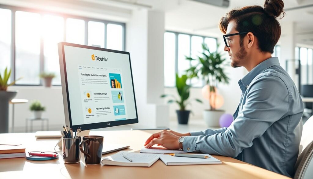 A vibrant and modern workspace featuring a computer screen displaying the Beehiiv newsletter platform with an engaging, user-friendly interface. In the foreground, a professional wearing business casual attire is interacting with the platform, their focused expression reflecting enthusiasm for email marketing. In the middle ground, a neat desk is adorned with stationery items, a notepad with notes about newsletter strategies, and a coffee cup, contributing to a creative yet organized atmosphere. The background showcases a bright office environment with large windows allowing natural light to flood in, adding warmth to the scene. Soft shadows enhance the visual depth while a lens flare subtly emphasizes the productivity mood, suggesting innovation and growth in small business marketing.