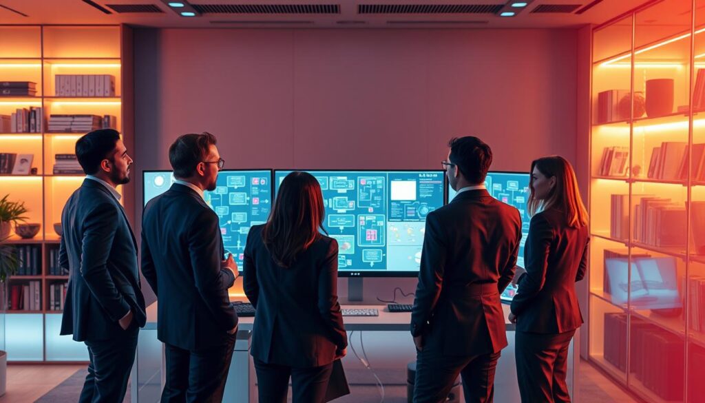 A vibrant and modern workspace illustrating the concept of designing smart logic workflows. In the foreground, a diverse group of three professionals in smart business attire, engaged in a collaborative discussion around a digital whiteboard filled with colorful flowcharts and diagrams. In the middle, a computer setup with multiple monitors displaying automated processes and logical frameworks, subtly glowing in ambient light. The background features sleek shelves with books on AI and automation, under warm LED lighting that creates a productive atmosphere. The scene captures a sense of innovation and teamwork, with a soft focus on the people, enhancing the clarity of their interaction with the technology. The overall mood is inspiring and forward-thinking, perfect for showcasing automation’s potential without any distractions.
