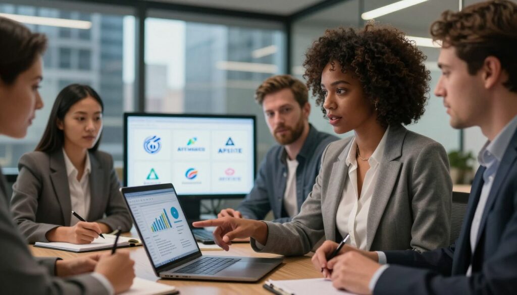 A vibrant and professional scene depicting a diverse group of five business professionals engaged in a lively discussion about affiliate networks. In the foreground, a confident African American woman in business attire points to a laptop screen displaying graphs and analytics. Next to her, a Caucasian man takes notes, and an Asian woman listens intently. In the middle ground, a digital display showcases logos of popular affiliate networks, glowing softly under warm lighting. In the background, a modern office environment with glass windows revealing a bustling city skyline, adding to the ambiance. The overall mood is collaborative and insightful, emphasizing the importance of decision-making in choosing an affiliate network. Soft, focused lighting highlights the faces of the individuals, capturing their engagement and professionalism.