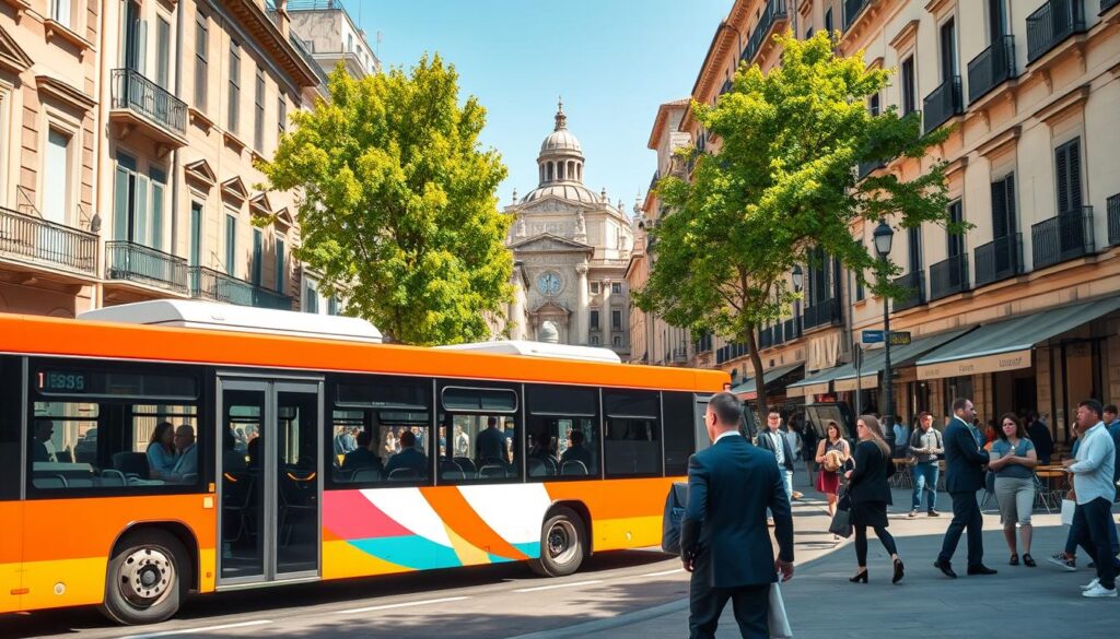 A vibrant city bus navigating through a lively urban street in Italy, surrounded by historic buildings and cafes. In the foreground, the bus, painted in bright colors, is prominently displayed, showcasing its large windows and distinctive design. The middle ground features pedestrians in professional attire and modest casual clothing waiting at the bus stop, engaged in conversation or checking their schedules. In the background, a bustling cityscape with Italian architecture, green trees, and clear blue skies enhances the atmosphere. The scene is illuminated by warm, afternoon sunlight, providing a welcoming and cheerful ambiance. Capture this moment from a slightly elevated angle to emphasize the bus and its environment, conveying the essence of public transport.
