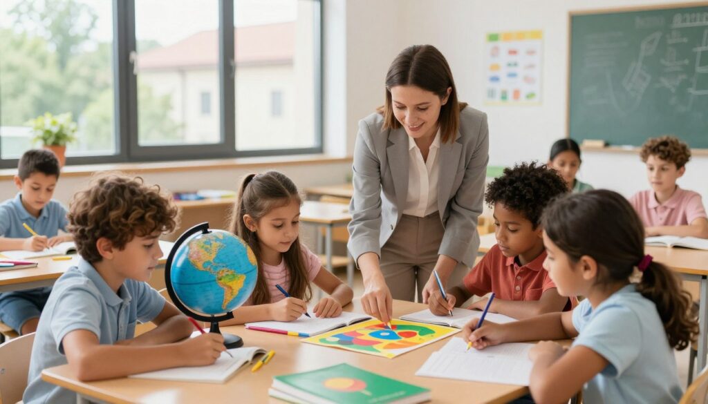A vibrant classroom scene in an Italian school, showcasing a diverse group of children engaged in learning activities. In the foreground, children of different ethnicities, including Italian and expat backgrounds, collaborate on a colorful project, surrounded by educational materials like books, art supplies, and a globe. In the middle, a teacher, dressed in professional attire, guides them with a warm smile, emphasizing a supportive and interactive learning environment. The background features large windows bathing the room in natural light, with a view of Italian architecture and green trees outside, creating a cheerful and inviting atmosphere. The mood is one of community, growth, and exploration, reflecting the importance of education in family life.