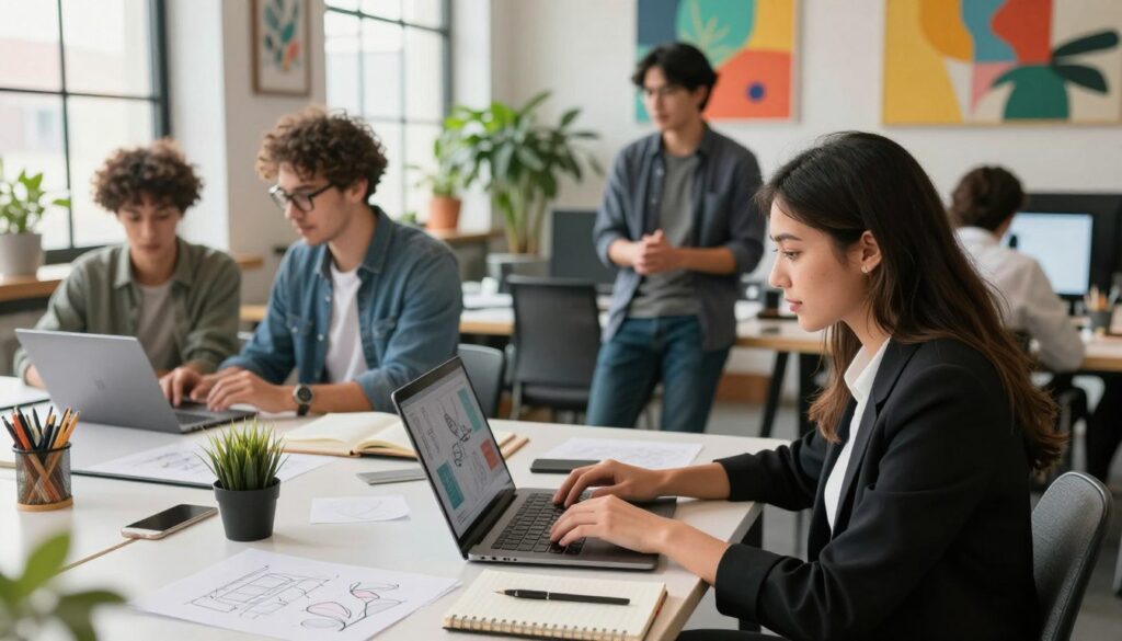A vibrant coworking space filled with diverse, focused individuals engaged in various freelancing activities. In the foreground, a young woman in professional attire types on her laptop at a communal table, surrounded by sketches and notebooks, showcasing her creativity. In the middle ground, a man in smart casual clothing is conversing with a client via video call, while another freelancer, wearing glasses, reviews design graphics on a tablet. The background features colorful wall art and plants, contributing to a dynamic atmosphere. Soft, natural light filters through large windows, illuminating the space and creating an inviting, productive mood. The composition captures the essence of freelancing opportunities, emphasizing collaboration and skill-sharing in a modern workspace. A vibrant coworking space filled with diverse, focused individuals engaged in various freelancing activities. In the foreground, a young woman in professional attire types on her laptop at a communal table, surrounded by sketches and notebooks, showcasing her creativity. In the middle ground, a man in smart casual clothing is conversing with a client via video call, while another freelancer, wearing glasses, reviews design graphics on a tablet. The background features colorful wall art and plants, contributing to a dynamic atmosphere. Soft, natural light filters through large windows, illuminating the space and creating an inviting, productive mood. The composition captures the essence of freelancing opportunities, emphasizing collaboration and skill-sharing in a modern workspace.