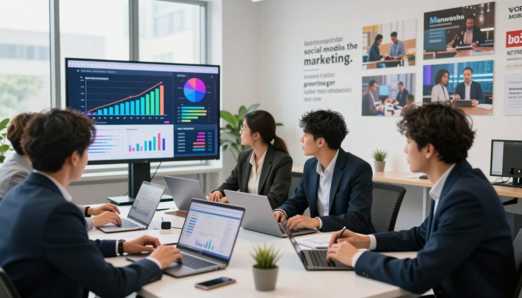 A vibrant digital marketing scene set in a modern office space. In the foreground, a diverse group of professionals in business attire are engaged in a brainstorming session, examining analytics on laptops and discussing strategies. The middle ground showcases a large screen displaying dynamic social media platforms with colorful graphs and performance metrics. In the background, a wall adorned with motivational quotes and images of successful digital campaigns. Soft, natural lighting filters through large windows, creating an optimistic and energetic atmosphere. The angle captures the depth of the space, emphasizing collaboration and innovation, reflecting a forward-thinking approach to social media marketing. A vibrant digital marketing scene set in a modern office space. In the foreground, a diverse group of professionals in business attire are engaged in a brainstorming session, examining analytics on laptops and discussing strategies. The middle ground showcases a large screen displaying dynamic social media platforms with colorful graphs and performance metrics. In the background, a wall adorned with motivational quotes and images of successful digital campaigns. Soft, natural lighting filters through large windows, creating an optimistic and energetic atmosphere. The angle captures the depth of the space, emphasizing collaboration and innovation, reflecting a forward-thinking approach to social media marketing.
