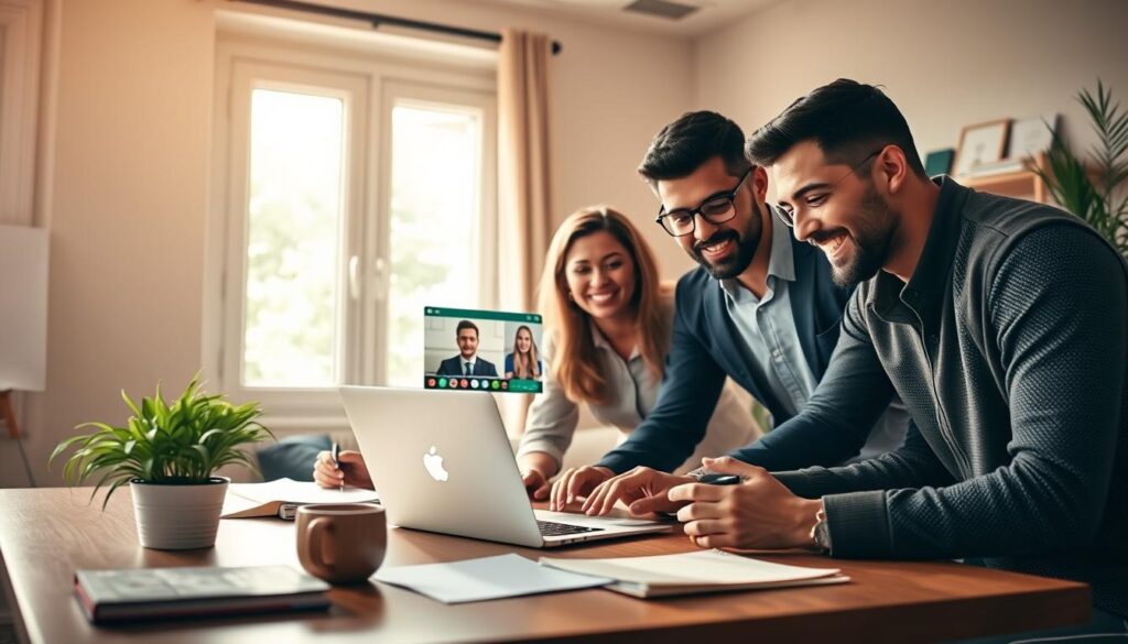 A vibrant digital workspace scene illustrating the Upwork freelance platform. In the foreground, a diverse group of three professionals—two men and one woman—are intently collaborating over a laptop, engaging in a video call with a client. Each is dressed in smart casual attire, representing a mix of cultures. In the middle ground, a cozy desk is adorned with notes, a coffee mug, and a small plant, conveying a creative yet organized atmosphere. The background features a bright window allowing natural light to flood the room, casting soft shadows. The overall mood is productive and optimistic, reflecting the opportunities that freelancing on Upwork provides. Use warm, inviting colors to enhance a sense of empowerment and innovation in the workspace.
