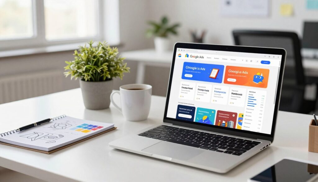 A vibrant digital workspace showcasing Google Ads ad assets. In the foreground, include a sleek laptop displaying a dashboard filled with colorful ad banners and metrics, reflecting strong engagement. Next to the laptop, a notepad with sketch ideas and color swatches representing ad designs. In the middle ground, a modern desk with a stylish plant and a coffee mug, creating a productive atmosphere. The background reveals a bright, contemporary office space with large windows allowing natural light to stream in, emphasizing a sense of clarity and inspiration. The overall mood is dynamic and professional, suggesting creativity and effectiveness in digital marketing efforts. Use soft lighting to enhance the focus on the ad assets while keeping the scene lively and inviting.