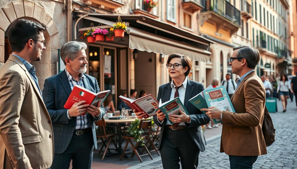 A vibrant street scene in Italy showcasing the essence of language and culture. In the foreground, a group of three people engaging in conversation, dressed in smart casual attire, holding Italian language books and a local menu. In the middle, a charming café with outdoor seating, adorned with colorful flower pots, where locals gather to enjoy traditional Italian dishes. The background features historic Italian architecture with awnings and sunlit cobblestone streets. Soft afternoon light bathes the scene, creating a warm, inviting atmosphere. The angle captures the vibrant energy of the location, emphasizing the connection between language learning, cultural exchange, and community engagement, with a focus on interactive dialogue.