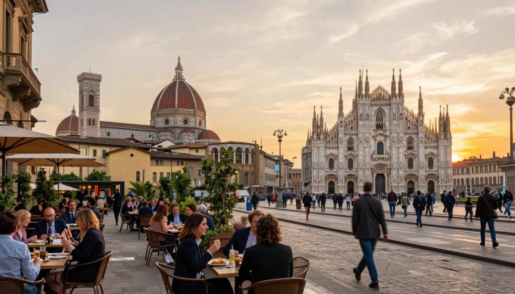 A vibrant urban landscape showcasing a side-by-side comparison of two distinct Italian cities, Florence and Milan. In the foreground, depict a cobblestone street filled with stylish restaurants and cafes, featuring people in professional business attire enjoying their meals. The middle ground should reveal iconic landmarks—Florence's stunning Duomo and Milan's modern skyscrapers, surrounded by trees and bustling with pedestrians. In the background, a sunset casts a warm golden glow over each skyline, enhancing the architectural differences. Use a wide-angle lens to capture the essence of city life, with a soft focus on the details to create an inviting atmosphere. The mood should feel dynamic yet welcoming, emphasizing the choices expats face in terms of lifestyle and cost of living. A vibrant urban landscape showcasing a side-by-side comparison of two distinct Italian cities, Florence and Milan. In the foreground, depict a cobblestone street filled with stylish restaurants and cafes, featuring people in professional business attire enjoying their meals. The middle ground should reveal iconic landmarks—Florence's stunning Duomo and Milan's modern skyscrapers, surrounded by trees and bustling with pedestrians. In the background, a sunset casts a warm golden glow over each skyline, enhancing the architectural differences. Use a wide-angle lens to capture the essence of city life, with a soft focus on the details to create an inviting atmosphere. The mood should feel dynamic yet welcoming, emphasizing the choices expats face in terms of lifestyle and cost of living.