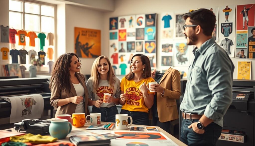 A vibrant workspace scene depicting a print-on-demand service. In the foreground, a diverse group of three individuals—two women and one man—are engaged in a creative meeting, surrounded by colorful prints of various merchandise such as t-shirts, mugs, and posters. They are dressed in smart casual attire, adopting a collaborative and enthusiastic pose. In the middle background, printing machines and a large canvas wall display vibrant samples of customizable products, showcasing the potential of the print-on-demand business. Natural light illuminates the room, creating a warm and inviting atmosphere. The overall mood conveys excitement and innovation in the online retail space, focusing on creativity and entrepreneurship. Utilize a soft focus lens effect to emphasize the foreground interactions without distraction.