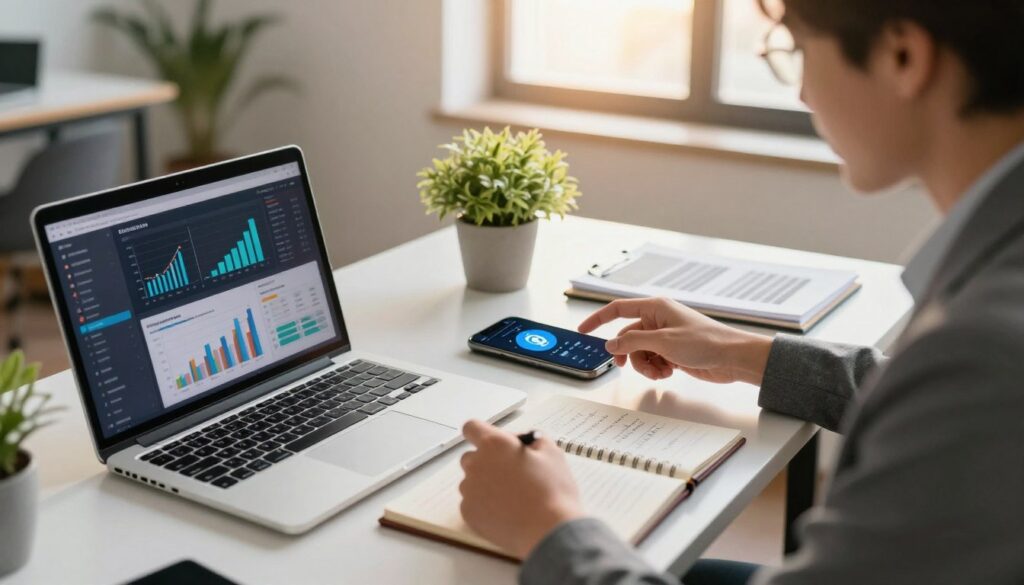 A vibrant workspace scene showcasing a professional individual, dressed in business attire, seated at a sleek desk filled with digital marketing materials. In the foreground, a laptop screen displays graphs and analytics related to a crypto campaign, while a notepad holds handwritten notes. The middle features a potted plant and a smartphone with crypto-related apps open. In the background, soft, warm sunlight filters through a window, casting a gentle glow in the modern office setting. The atmosphere is energetic and motivating, emphasizing the excitement of launching a new campaign. Use a wide-angle lens effect to create depth, focusing on the dynamic interaction of the elements, while maintaining a clean and organized look that inspires action.