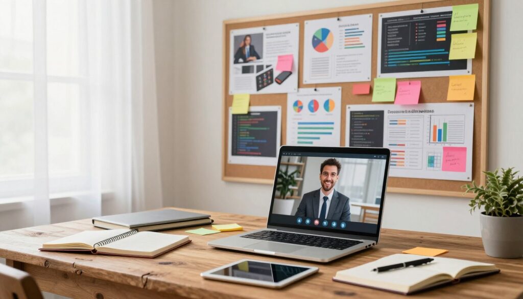 A vibrant workspace showcasing a diverse range of freelance skills. In the foreground, a laptop sits on a rustic wooden desk, open to a virtual meeting platform displaying an enthusiastic professional in business attire. Scattered around are notebooks, a tablet, and colorful sticky notes, suggesting brainstorming sessions. In the middle, a large bulletin board filled with skill-related imagery, such as graphic design mockups, coding snippets, and digital marketing charts. In the background, a bright window with soft natural light filters through sheer curtains, illuminating the scene and creating a warm, inviting atmosphere. The overall mood is motivating and empowering, reflecting the journey of identifying and showcasing unique freelancing skills in a professional setting. A vibrant workspace showcasing a diverse range of freelance skills. In the foreground, a laptop sits on a rustic wooden desk, open to a virtual meeting platform displaying an enthusiastic professional in business attire. Scattered around are notebooks, a tablet, and colorful sticky notes, suggesting brainstorming sessions. In the middle, a large bulletin board filled with skill-related imagery, such as graphic design mockups, coding snippets, and digital marketing charts. In the background, a bright window with soft natural light filters through sheer curtains, illuminating the scene and creating a warm, inviting atmosphere. The overall mood is motivating and empowering, reflecting the journey of identifying and showcasing unique freelancing skills in a professional setting.