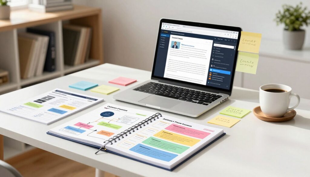 A visually appealing workspace featuring an array of course creation templates laid out on a clean, modern desk. In the foreground, a neatly organized planner with colorful sections and diagrams represents online course structure. In the middle, a laptop displays an open course-building software interface, surrounded by sticky notes and a coffee cup, suggesting an active brainstorming session. The background features a soft-focus bookshelf filled with books on teaching and coaching, illuminated by natural light streaming through a window, creating a warm and inviting atmosphere. The mood conveys creativity and professionalism, emphasizing the theme of empowerment for creators and coaches.