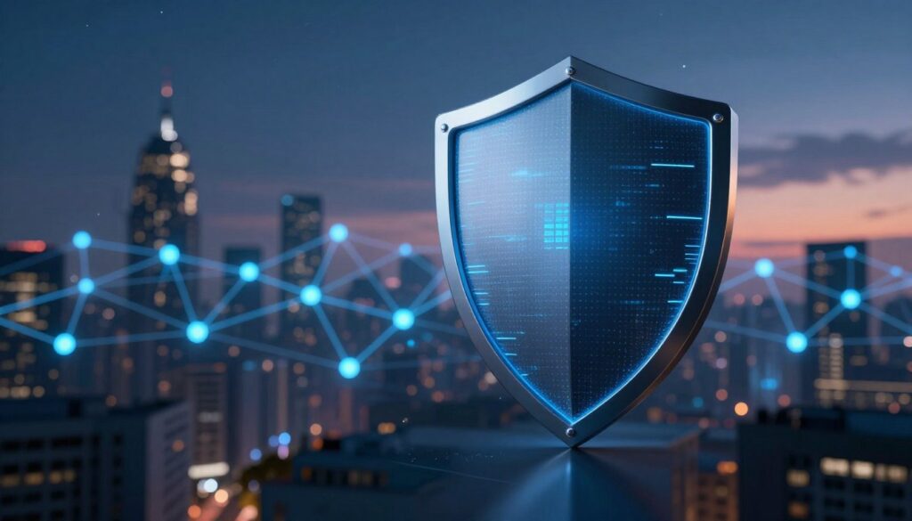 A visually compelling representation of web protection, featuring a sleek digital shield as the focal point in the foreground, emanating a soft blue glow. In the middle ground, a network of interconnected lines and glowing nodes symbolizes data flow and cybersecurity. The background showcases a futuristic cityscape, silhouetted against a twilight sky with stars beginning to twinkle, creating a sense of depth and modernity. The lighting is dynamic, with contrasting shadow and color designed to evoke a mood of safety and technological advancement. The composition is shot from a slightly elevated angle, emphasizing the shield's prominence while maintaining clarity of the intricate network. The overall atmosphere conveys reliability and futuristic sophistication, perfect for illustrating digital security solutions. A visually compelling representation of web protection, featuring a sleek digital shield as the focal point in the foreground, emanating a soft blue glow. In the middle ground, a network of interconnected lines and glowing nodes symbolizes data flow and cybersecurity. The background showcases a futuristic cityscape, silhouetted against a twilight sky with stars beginning to twinkle, creating a sense of depth and modernity. The lighting is dynamic, with contrasting shadow and color designed to evoke a mood of safety and technological advancement. The composition is shot from a slightly elevated angle, emphasizing the shield's prominence while maintaining clarity of the intricate network. The overall atmosphere conveys reliability and futuristic sophistication, perfect for illustrating digital security solutions.