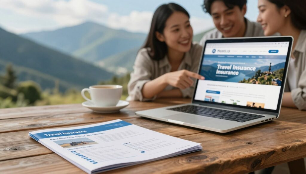 A visually compelling scene depicting travel insurance in a serene travel environment. In the foreground, a neatly arranged travel brochure displaying various insurance options sits on a rustic wooden table. Nearby, a sleek laptop open to a travel insurance website glows softly. In the middle ground, a couple is featured in professional yet casual attire, pointing at the screen with smiles, representing joint planning for their travels. In the background, a lush landscape of mountains and a blue sky suggests adventure and safety. Soft, warm lighting enhances intimacy and trust, while a slight depth of field focuses on the laptop and brochure. Overall, the atmosphere is optimistic and reassuring, embodying the importance of securing travel insurance while exploring the world.