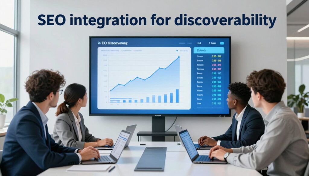 A visually engaging and informative illustration depicting the concept of "SEO integration for discoverability." In the foreground, a diverse group of three professionals—two men and one woman—are seated around a modern conference table, collaborating on SEO strategies. They are dressed in smart business attire, with laptops open and SEO-related charts displayed on the screens. In the middle ground, a large wall-mounted display shows complex graphs demonstrating website traffic analytics and keyword rankings, illuminated with soft blue lighting to evoke a professional atmosphere. The background features a bright, modern office environment with large windows letting in natural light, symbolizing clarity and growth. The overall mood is dynamic and innovative, emphasizing teamwork and forward-thinking in digital marketing.