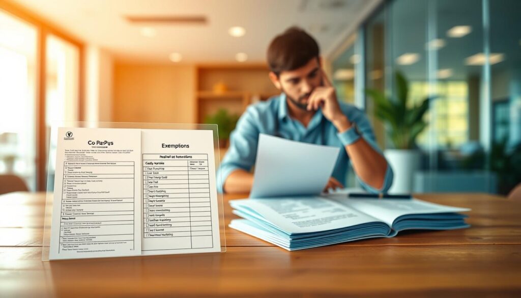 A visually engaging and informative illustration focused on the concepts of co-pays and exemptions within the Italian healthcare system. In the foreground, display a detailed graphic of co-pay receipts and a checklist of exemptions, neatly organized on a wooden table. The middle ground should feature a professional, casually dressed individual pondering over the bills, offering a relatable touch to the scene. In the background, include a softly blurred view of a modern Italian healthcare facility, hinting at the setting. Utilize warm, natural lighting to create a welcoming atmosphere, with a slight focus effect on the foreground documents to draw attention. Capture the essence of understanding healthcare costs with a thoughtful and inviting mood.