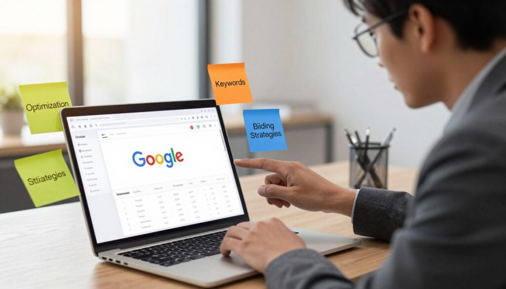 A visually engaging and informative representation of Google Ads for beginners. In the foreground, display a sleek laptop with a vibrant dashboard of Google Ads, showing analytics and key metrics. Include a professional individual, dressed in smart business casual attire, intently analyzing the data with a focused expression. In the middle ground, add colorful sticky notes around the laptop with keywords like "Optimization," "Keywords," and "Bidding Strategies," symbolizing smart habits. In the background, depict a modern office environment with soft, natural lighting filtering through large windows, creating a warm and inspiring atmosphere. Use a slightly elevated angle to capture the scene, ensuring the emphasis remains on the Google Ads interface and the individual’s engagement with it. The overall mood should convey professionalism and clarity, suitable for those starting their journey in Google Ads.