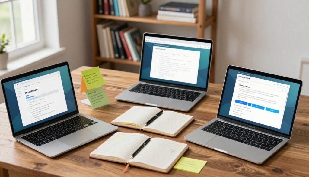 A visually engaging flat lay of diverse AI writing tools arranged neatly on a polished wooden desk. In the foreground, include sleek laptops and tablets displaying vibrant user interfaces of various writing software. In the middle ground, feature an open notebook with a stylish pen, and color-coded sticky notes highlighting specific features. In the background, add a soft-focus bookshelf filled with marketing and blogging books, creating an inviting atmosphere. Use natural lighting streaming in from a nearby window to enhance the warmth of the scene. The overall mood should be professional yet creative, appealing to bloggers and marketers. Maintain a harmonious color palette with blues, greens, and browns to evoke a sense of productivity and innovation. A visually engaging flat lay of diverse AI writing tools arranged neatly on a polished wooden desk. In the foreground, include sleek laptops and tablets displaying vibrant user interfaces of various writing software. In the middle ground, feature an open notebook with a stylish pen, and color-coded sticky notes highlighting specific features. In the background, add a soft-focus bookshelf filled with marketing and blogging books, creating an inviting atmosphere. Use natural lighting streaming in from a nearby window to enhance the warmth of the scene. The overall mood should be professional yet creative, appealing to bloggers and marketers. Maintain a harmonious color palette with blues, greens, and browns to evoke a sense of productivity and innovation.