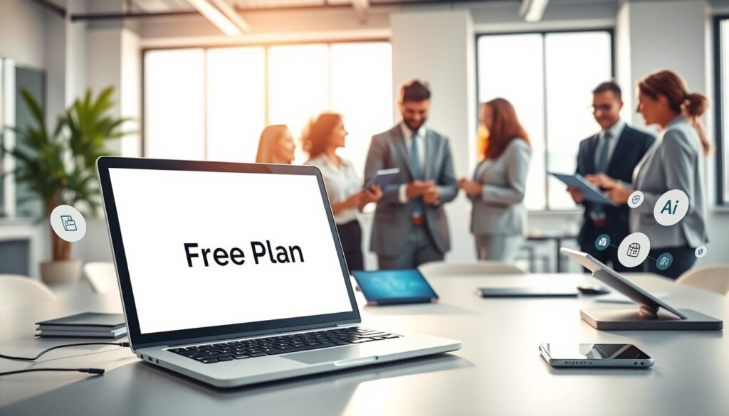 A visually engaging illustration of a "free plan" in the context of AI tools for content creation. In the foreground, depict a sleek, modern laptop open on a desk, showcasing a user-friendly interface with the title "Free Plan" prominently displayed. Surrounding the laptop are various digital devices like a tablet and smartphone, featuring icons of popular AI tools. In the middle ground, include a diverse group of professionals in smart business attire, discussing and collaborating over the digital devices, conveying a sense of teamwork and innovation. The background features a bright, contemporary office environment, with soft natural lighting pouring in through large windows, creating an inviting atmosphere. The overall mood should be optimistic and forward-thinking, highlighting the accessibility and potential of AI in content creation. A visually engaging illustration of a "free plan" in the context of AI tools for content creation. In the foreground, depict a sleek, modern laptop open on a desk, showcasing a user-friendly interface with the title "Free Plan" prominently displayed. Surrounding the laptop are various digital devices like a tablet and smartphone, featuring icons of popular AI tools. In the middle ground, include a diverse group of professionals in smart business attire, discussing and collaborating over the digital devices, conveying a sense of teamwork and innovation. The background features a bright, contemporary office environment, with soft natural lighting pouring in through large windows, creating an inviting atmosphere. The overall mood should be optimistic and forward-thinking, highlighting the accessibility and potential of AI in content creation.