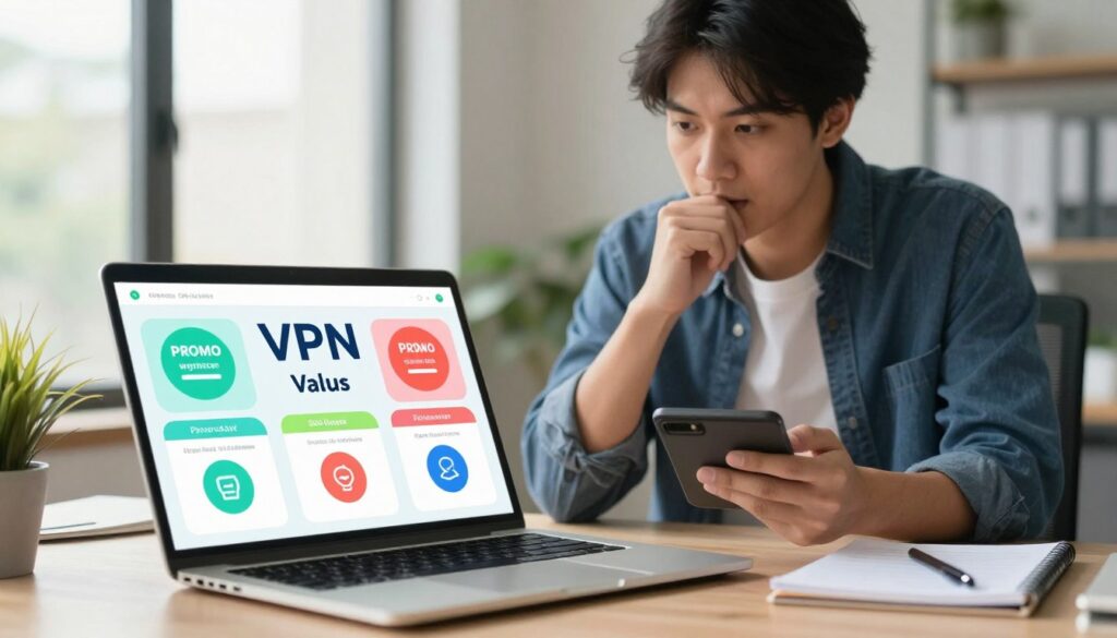 A visually engaging illustration representing VPN pricing and value concepts. In the foreground, display a sleek laptop open to a vibrant infographic showcasing various VPN subscription plans, with icons for promo deals, renewals, and refunds. In the middle, a professional businessperson in smart casual attire is analyzing the infographic, with a thoughtful expression, holding a calculator in one hand. The background should feature a modern office setting with soft natural light pouring through large windows, creating a warm and inviting ambiance. Include elements like a potted plant and a notepad with notes to emphasize a productive environment. The overall mood should be informative and engaging, conveying the importance of understanding VPN pricing and value for enhanced privacy and security.