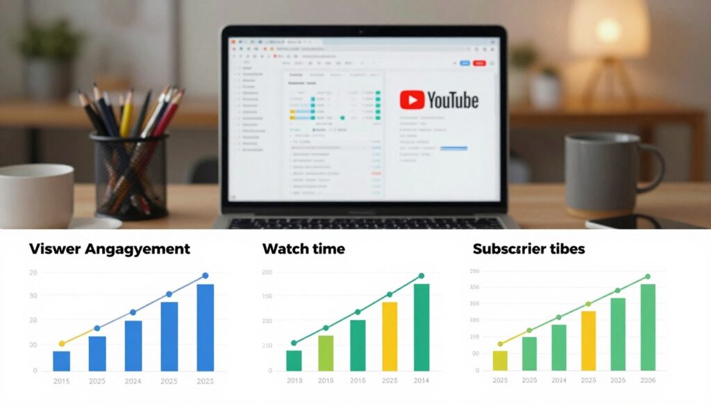 A visually engaging infographic depicting key metrics of YouTube automation success. The foreground features crisp, colorful charts and graphs illustrating viewer engagement, watch time, and subscriber growth, designed with modern aesthetics. The middle background includes a blurred laptop displaying YouTube analytics, emphasizing a professional workspace, surrounded by neatly organized stationery. In the far background, soft-focus elements hint at a creative office environment, with warm lighting creating an inviting atmosphere. The overall mood is analytical yet inspiring, encouraging viewers to delve into their automation strategies. The image captures the essence of success and professionalism in digital content creation without any text or distractions.